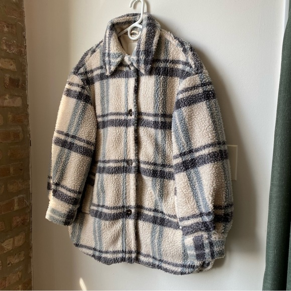 H&M Teddy Oversized plaid jacket women’s s cream color cozy jacket coat - Picture 1 of 9